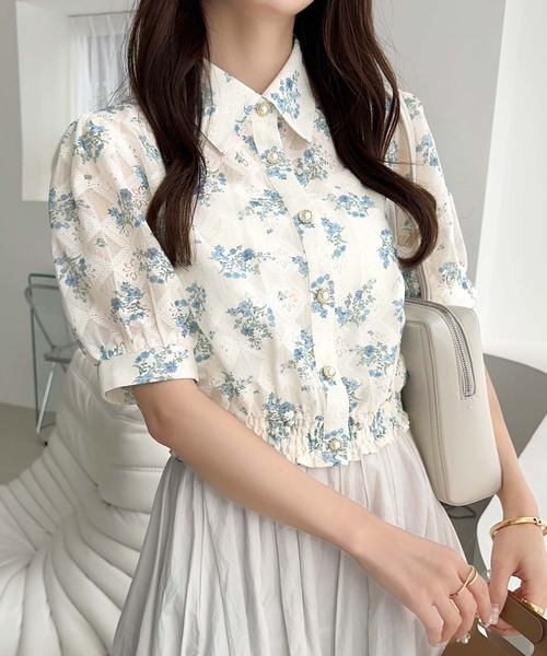 mily bilet(ミウィビレット)の「【mily bilet】スタイルアップ効果抜群♪花柄シアーレースショート丈ブラウス(シャツ/ブラウス・レディース・ブルー/ピンク/グリーン・X-LARGE/SMALL/MEDIUM/LARGE)」の14枚目の写真