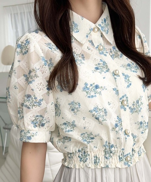 mily bilet(ミウィビレット)の「【mily bilet】スタイルアップ効果抜群♪花柄シアーレースショート丈ブラウス(シャツ/ブラウス・レディース・ブルー/ピンク/グリーン・X-LARGE/SMALL/MEDIUM/LARGE)」の16枚目の写真