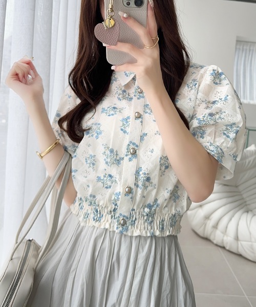 mily bilet(ミウィビレット)の「【mily bilet】スタイルアップ効果抜群♪花柄シアーレースショート丈ブラウス(シャツ/ブラウス・レディース・ブルー/ピンク/グリーン・X-LARGE/SMALL/MEDIUM/LARGE)」の10枚目の写真