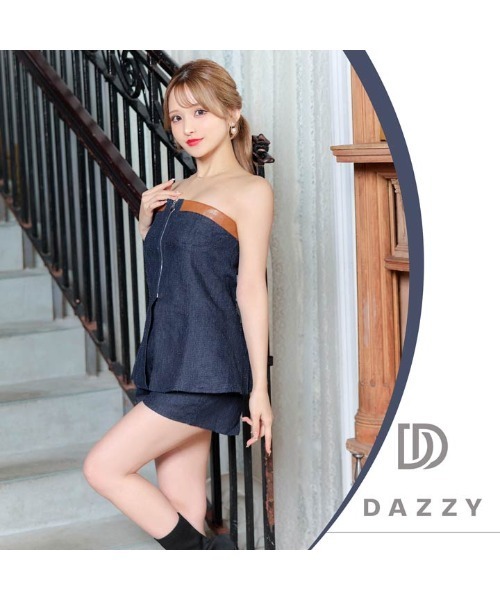 DAZZY(デイジー)の「セットアップ フロントジップ レザー 格子 デニム セットアップ(ドレス・レディース・ネイビー・S/M/L)」の12枚目の写真