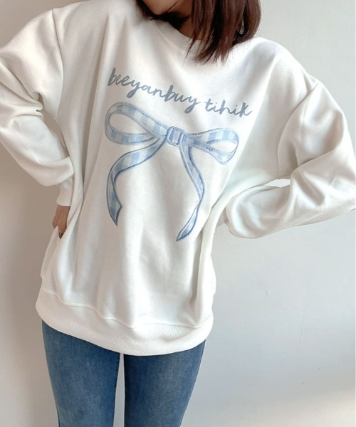 kirakiraShop(キラキラショップ)の「レトロ リボン スウェット プルオーバー(スウェット・レディース・ネイビー/ホワイト・FREE)」の1枚目の写真