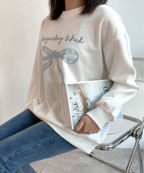 kirakiraShop(キラキラショップ)の「レトロ リボン スウェット プルオーバー(スウェット・レディース・ネイビー/ホワイト・FREE)」の4枚目の写真