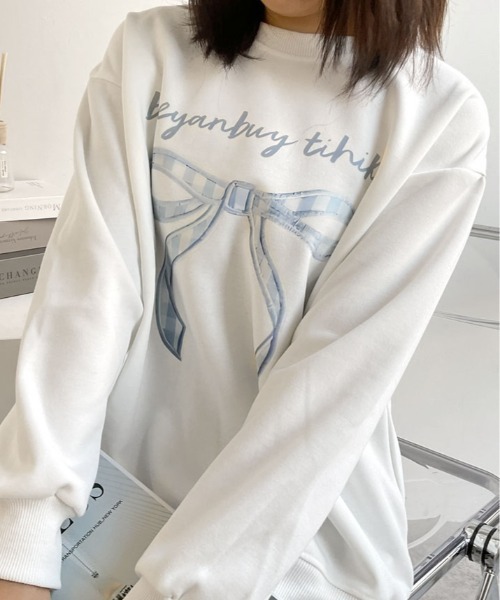 kirakiraShop(キラキラショップ)の「レトロ リボン スウェット プルオーバー(スウェット・レディース・ネイビー/ホワイト・FREE)」の6枚目の写真