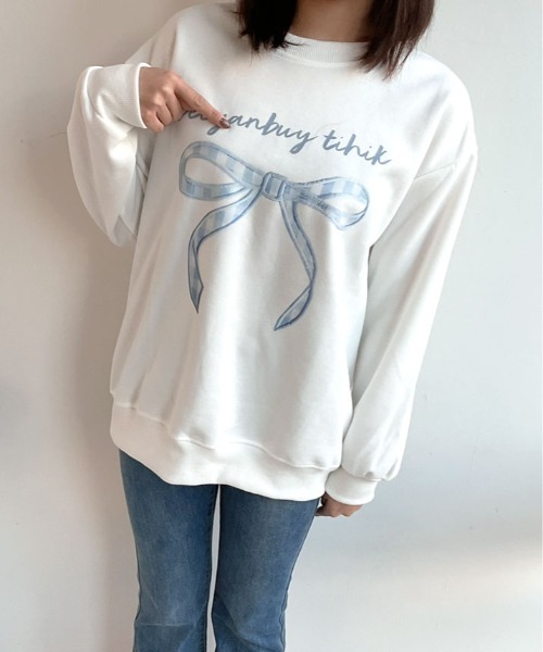 kirakiraShop(キラキラショップ)の「レトロ リボン スウェット プルオーバー(スウェット・レディース・ネイビー/ホワイト・FREE)」の7枚目の写真