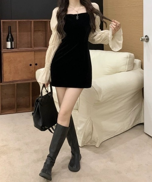 SHEPP（シープ）の「袖切り替えベロアミニワンピース（ワンピース・レディース・ブラック・M/L）」の3枚目の写真