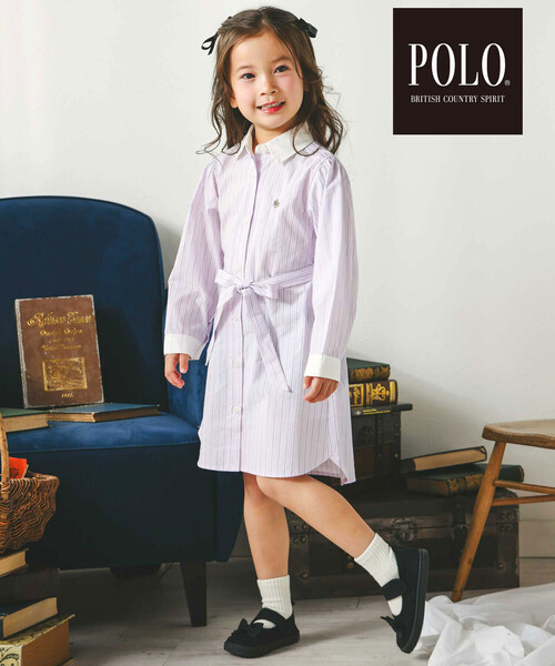 SLAP SLIP(スラップスリップ)の「【POLO BCS(ポロ・ビーシーエス)×SLAP SLIPコラボ】【お揃い】ベルト付き襟カフスバイカラーストライプ柄シャツワンピース(80~130cm)(シャツワンピース・キッズ・ピンク系その他/ブルー系その他・80cm/90cm/110cm/100cm/120cm/130cm)」の2枚目の写真