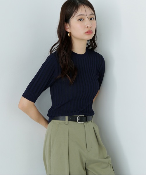 N.(N. Natural Beauty Basic)(エヌエヌナチュラルビューティーベーシック)の「半袖微配色リブニット(ニット/セーター・レディース・ネイビー/オフホワイト/グリーン・MEDIUM)」の3枚目の写真