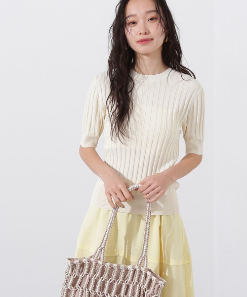 N.(N. Natural Beauty Basic)(エヌエヌナチュラルビューティーベーシック)の「半袖微配色リブニット(ニット/セーター・レディース・ネイビー/オフホワイト/グリーン・MEDIUM)」の1枚目の写真