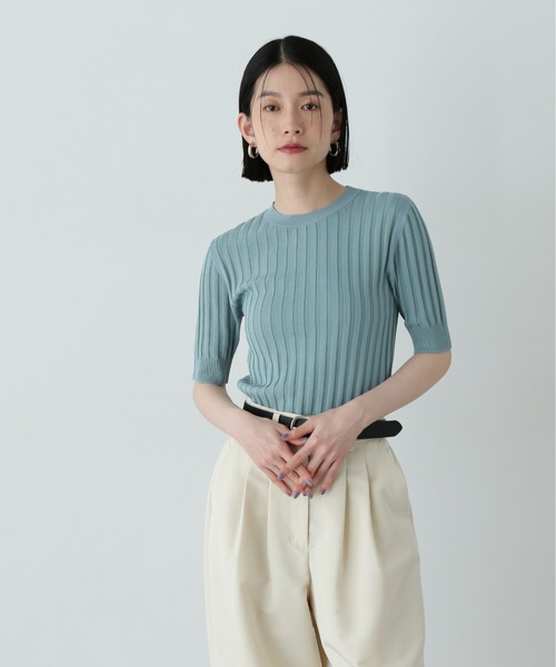 N.(N. Natural Beauty Basic)(エヌエヌナチュラルビューティーベーシック)の「半袖微配色リブニット(ニット/セーター・レディース・ネイビー/オフホワイト/グリーン・MEDIUM)」の2枚目の写真
