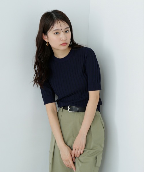 N.(N. Natural Beauty Basic)(エヌエヌナチュラルビューティーベーシック)の「半袖微配色リブニット(ニット/セーター・レディース・ネイビー/オフホワイト/グリーン・MEDIUM)」の22枚目の写真