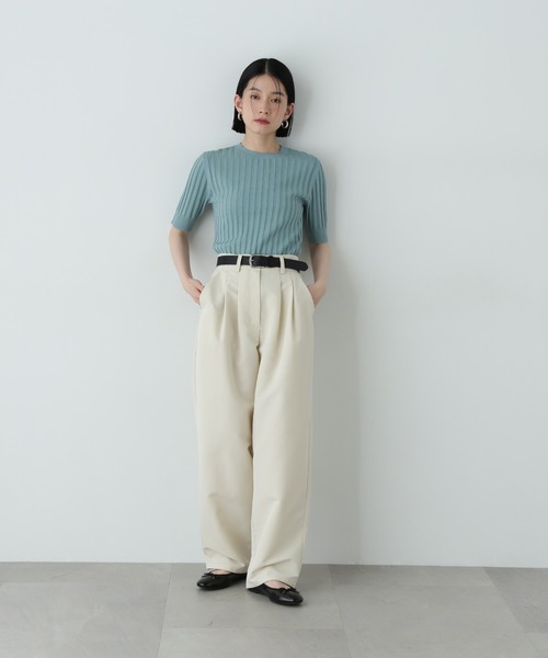 N.(N. Natural Beauty Basic)(エヌエヌナチュラルビューティーベーシック)の「半袖微配色リブニット(ニット/セーター・レディース・ネイビー/オフホワイト/グリーン・MEDIUM)」の18枚目の写真