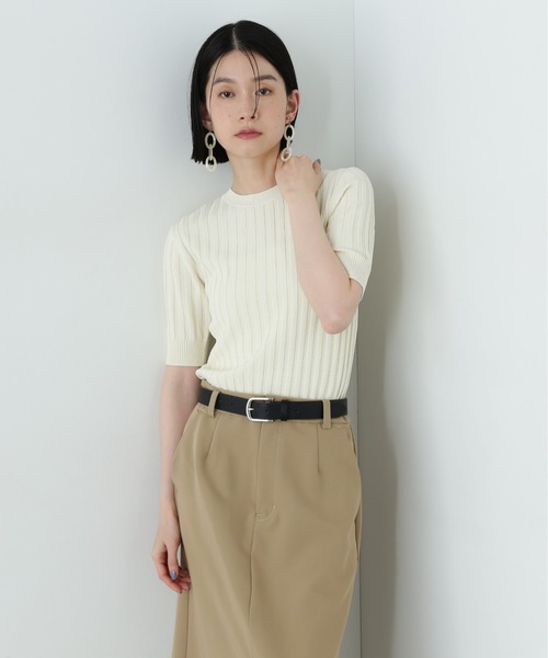 N.(N. Natural Beauty Basic)(エヌエヌナチュラルビューティーベーシック)の「半袖微配色リブニット(ニット/セーター・レディース・ネイビー/オフホワイト/グリーン・MEDIUM)」の4枚目の写真