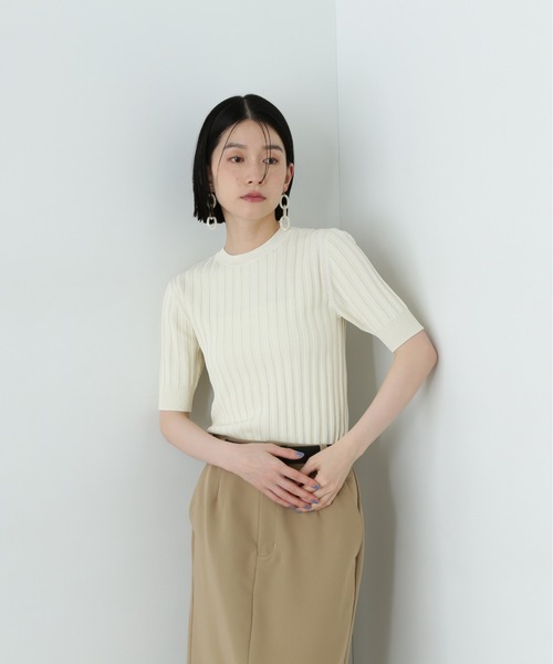 N.(N. Natural Beauty Basic)(エヌエヌナチュラルビューティーベーシック)の「半袖微配色リブニット(ニット/セーター・レディース・ネイビー/オフホワイト/グリーン・MEDIUM)」の7枚目の写真
