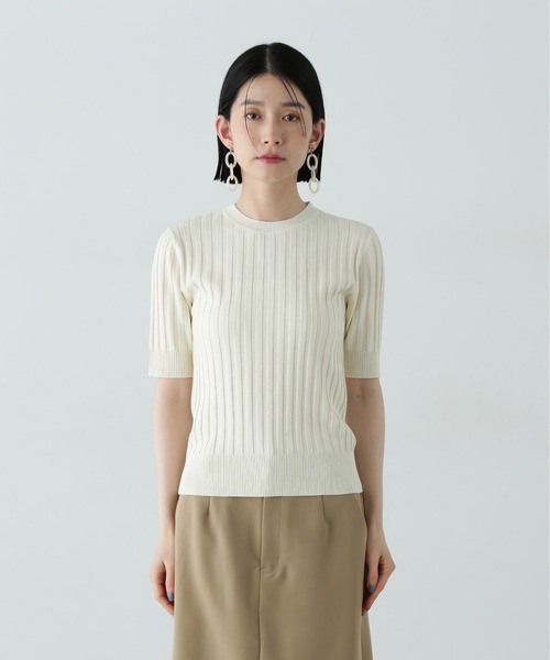 N.(N. Natural Beauty Basic)(エヌエヌナチュラルビューティーベーシック)の「半袖微配色リブニット(ニット/セーター・レディース・ネイビー/オフホワイト/グリーン・MEDIUM)」の10枚目の写真