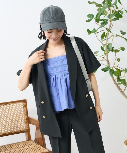 FREAK'S STORE(フリークスストア)の「接触冷感/UV リネンタッチ ショートスリーブ ジャケットセットアップ(セットアップ・レディース・グレー/オフホワイト/ブラック・MEDIUM/SMALL)」の14枚目の写真
