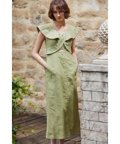 Ree Estella.K カシュクールドレス　セージグリーン Coco Dress ラッフルクロスリネンドレス（ワンピース）｜Estella