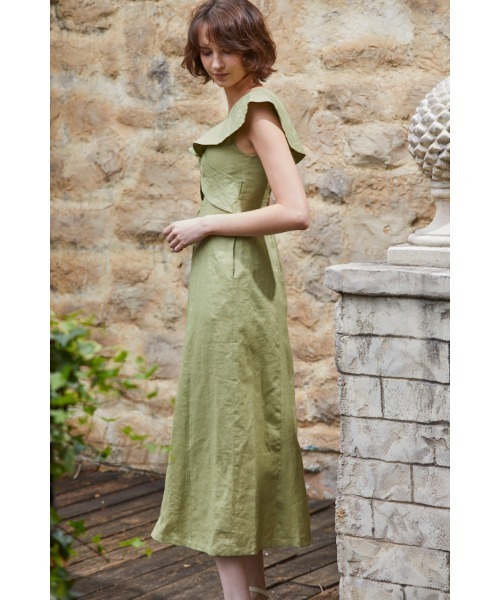 Ree Estella.K カシュクールドレス　セージグリーン Coco Dress ラッフルクロスリネンドレス（ワンピース）｜Estella