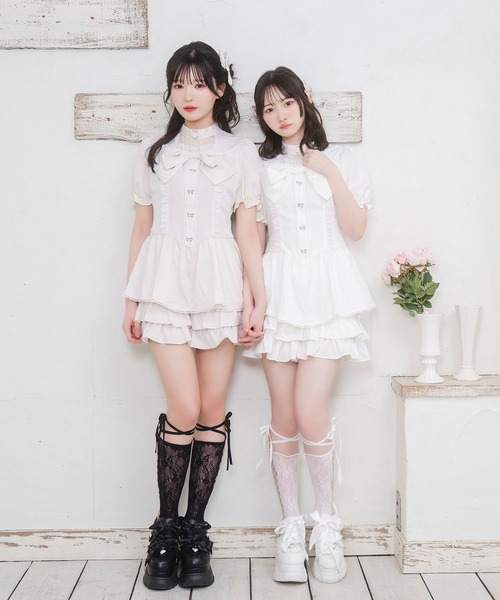 Honey Cinnamon(ハニーシナモン)の「ハートチョーカーリボンフリルセットアップ(セットアップ・レディース・ホワイト/ピンク・FREE)」の9枚目の写真