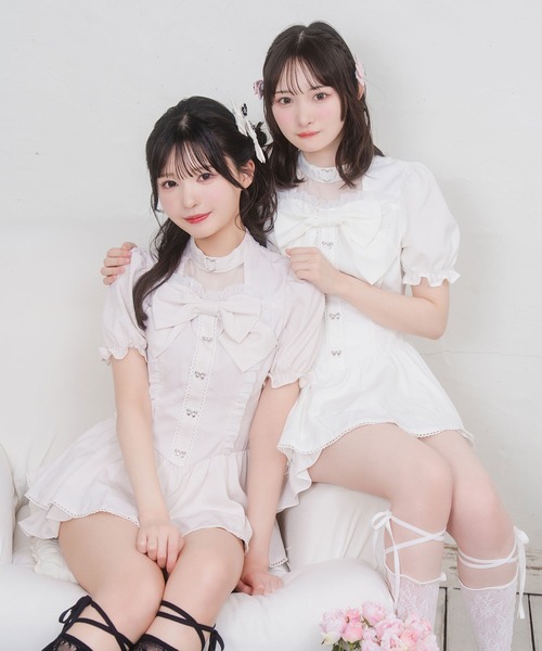 Honey Cinnamon(ハニーシナモン)の「ハートチョーカーリボンフリルセットアップ(セットアップ・レディース・ホワイト/ピンク・FREE)」の4枚目の写真