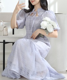 Lace Ladies | シアー タータンチェック パフスリーブ ティアード ワンピース(ワンピース)