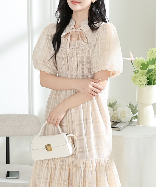 Lace Ladies（レースレディース）の「シアー タータンチェック パフスリーブ ティアード ワンピース（ワンピース・レディース・ラベンダー/ベージュ/ブラック・S/FREE）」の3枚目の写真