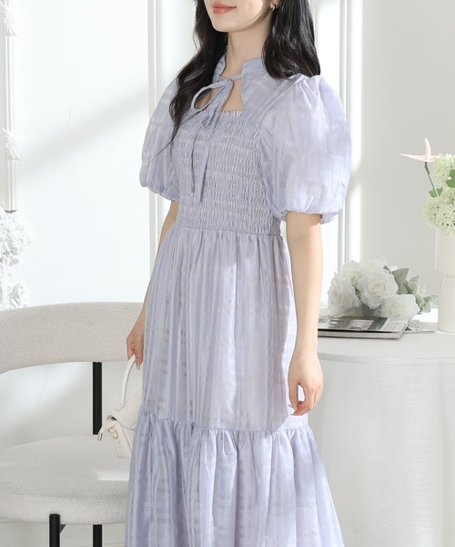 ワンピース シースルーパフスリーブ ティアード 襟付き 可愛い ティカ Tika ドット柄シースルーパフスリーブガーリースタイル袖