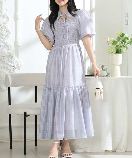 Lace Ladies（レースレディース）の「シアー タータンチェック パフスリーブ ティアード ワンピース（ワンピース・レディース・ラベンダー/ベージュ/ブラック・S/FREE）」の7枚目の写真