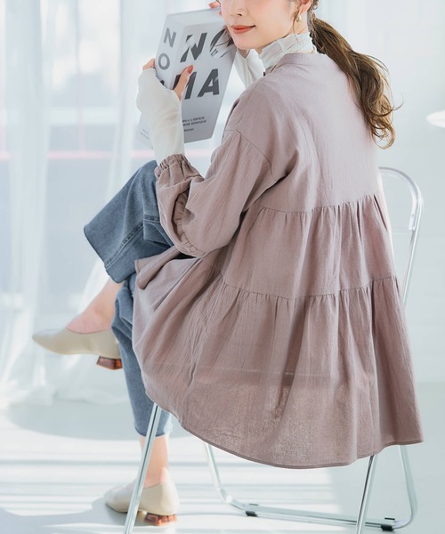 anown（アノン）の「ティアードチュニック 長袖 ティアードチュニックシャツ バンドカラーシャツ チュニックワンピース ティアードブラウス ぽわん袖 春服 秋服（チュニック・レディース・オフホワイト/ブルー/ブラウン/グリーン/ベージュ・FREE）」の9枚目の写真