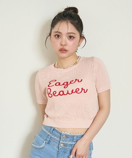 Mi-je(ミジェ)の「チェーン刺しゅうロゴ半袖ニット【韓国ファッション】(ニット/セーター・レディース・ピンク/ライム・F)」の1枚目の写真