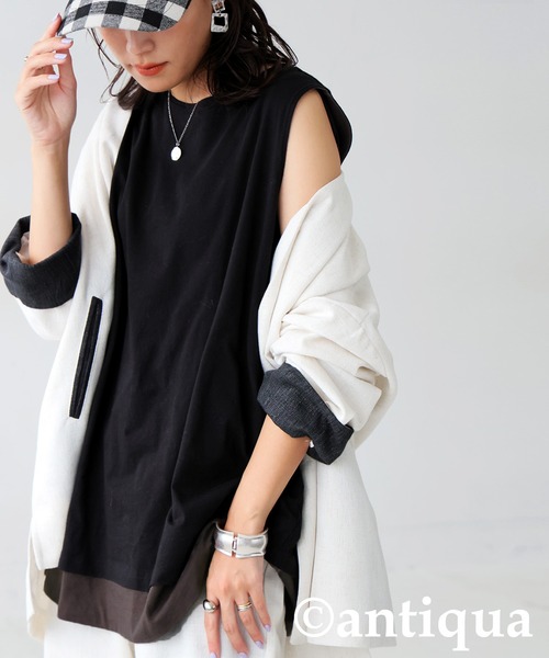 antiqua（アンティカ）の「レイヤード風タンクトップ（タンクトップ・レディース・ホワイト/ブラック/カーキ・ONESIZE）」の3枚目の写真