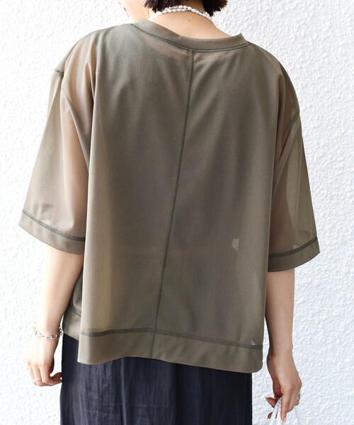 tシャツ 「手洗い可能」シアー トリコット ポリエステル ベロア 五分袖 ワイド TEE レディース 手洗い可能〉シアー トリコット ショート スリーブ プルオーバー