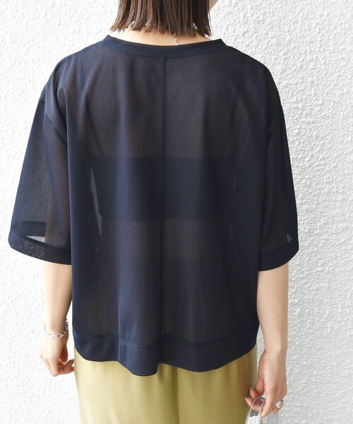 tシャツ 「手洗い可能」シアー トリコット ポリエステル ベロア 五分袖 ワイド TEE レディース セール】〈手洗い可能〉シアー トリコット ショート スリーブ