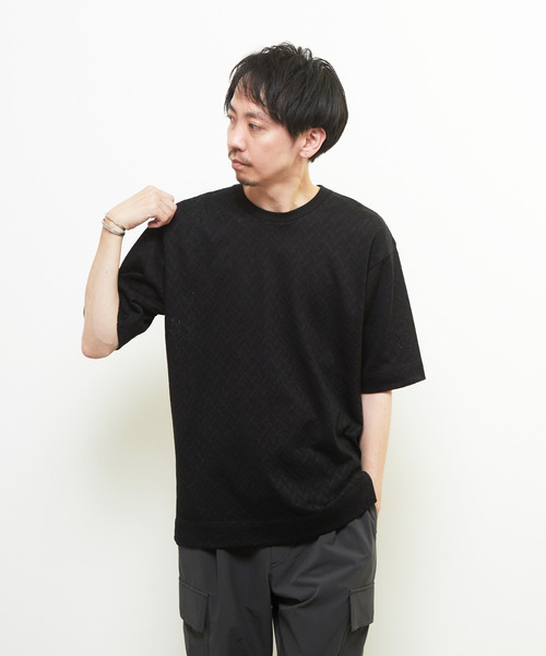 MEN'S MELROSE（メンズメルローズ）の「ヘリンボーンメッシュハーフスリーブTシャツ（Tシャツ/カットソー・メンズ・ブラック/ホワイト・3/4）」の18枚目の写真