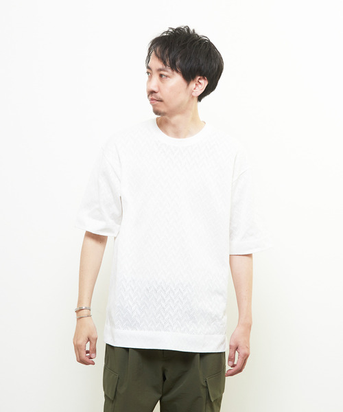 MEN'S MELROSE（メンズメルローズ）の「ヘリンボーンメッシュハーフスリーブTシャツ（Tシャツ/カットソー・メンズ・ブラック/ホワイト・3/4）」の7枚目の写真