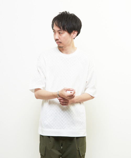 MEN'S MELROSE（メンズメルローズ）の「ヘリンボーンメッシュハーフスリーブTシャツ（Tシャツ/カットソー・メンズ・ブラック/ホワイト・3/4）」の6枚目の写真
