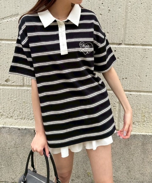 OLIVE des OLIVE（オリーブデオリーブ）の「マルチボーダーラガーシャツ（ポロシャツ・レディース・トップグレー/ネイビー/ブラック・FREE）」の2枚目の写真