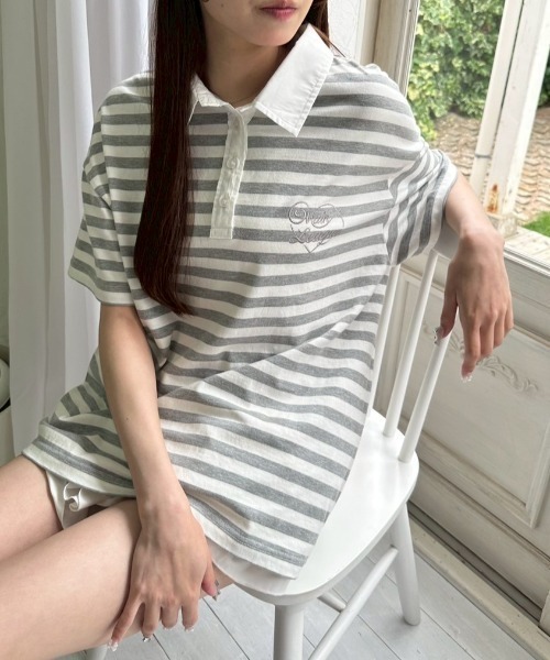 OLIVE des OLIVE（オリーブデオリーブ）の「マルチボーダーラガーシャツ（ポロシャツ・レディース・トップグレー/ネイビー/ブラック・FREE）」の3枚目の写真