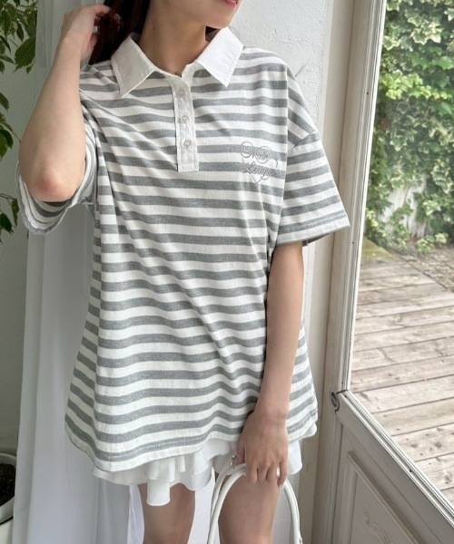 OLIVE des OLIVE（オリーブデオリーブ）の「マルチボーダーラガーシャツ（ポロシャツ・レディース・トップグレー/ネイビー/ブラック・FREE）」の12枚目の写真