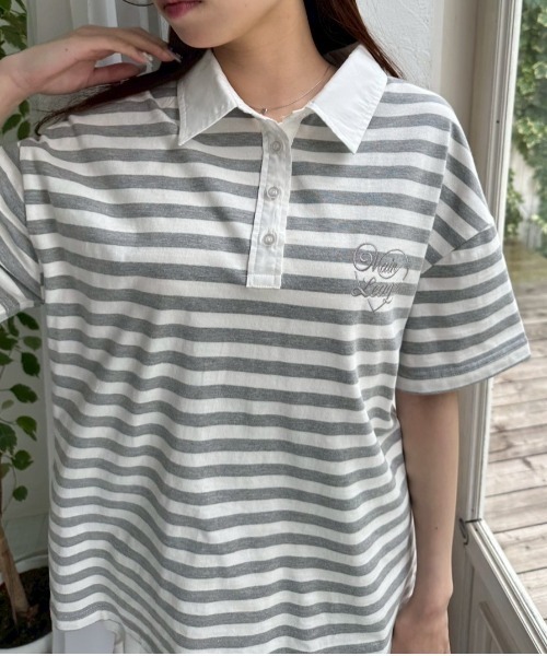 OLIVE des OLIVE（オリーブデオリーブ）の「マルチボーダーラガーシャツ（ポロシャツ・レディース・トップグレー/ネイビー/ブラック・FREE）」の14枚目の写真