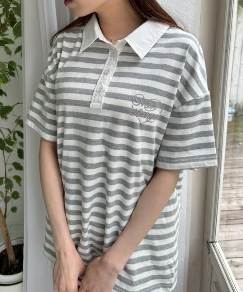 MUNSINGWEAR オリーブと白のボーダーポロシャツ Mサイズ　レディース MUNSINGWEAR オリーブと白のボーダーポロシャツ Mサイズ