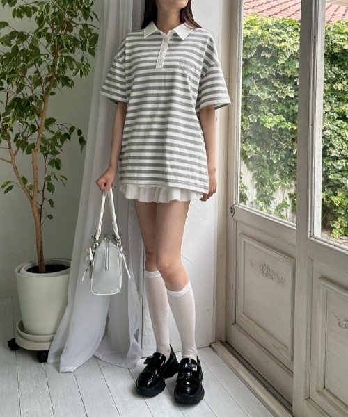 OLIVE des OLIVE（オリーブデオリーブ）の「マルチボーダーラガーシャツ（ポロシャツ・レディース・トップグレー/ネイビー/ブラック・FREE）」の18枚目の写真