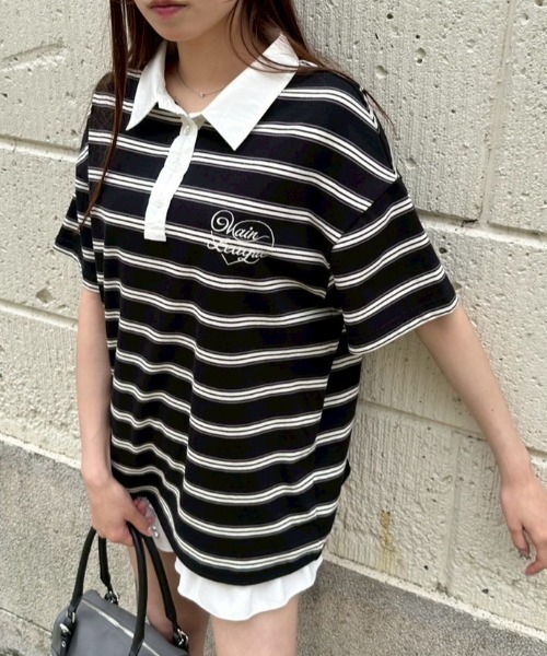 OLIVE des OLIVE（オリーブデオリーブ）の「マルチボーダーラガーシャツ（ポロシャツ・レディース・トップグレー/ネイビー/ブラック・FREE）」の20枚目の写真