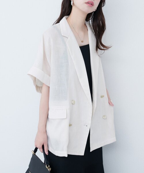 natural couture 袖口ロールUP綿麻シアージャケット オフホワイト 袖口ロールUP綿麻シアージャケット(テーラードジャケット