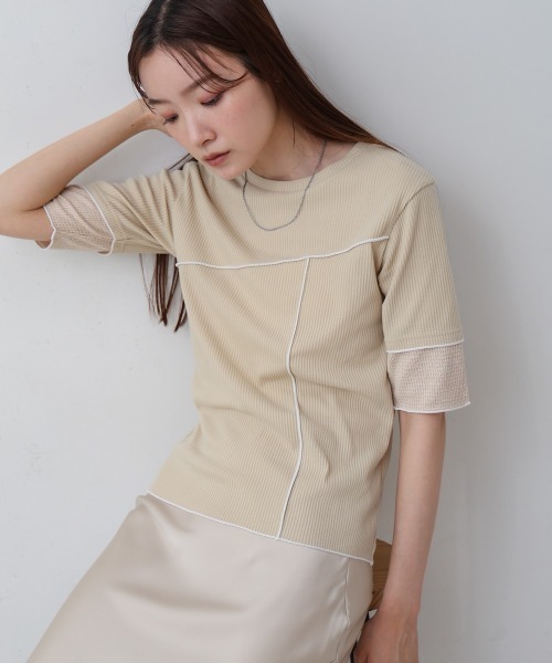 Bab(バブ)の「袖切り替えメローリブカットソー(Tシャツ/カットソー・レディース・イエロー/ベージュ/ブラック/オフホワイト・M)」の3枚目の写真