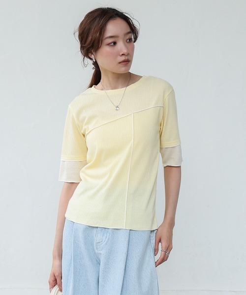 Bab(バブ)の「袖切り替えメローリブカットソー(Tシャツ/カットソー・レディース・イエロー/ベージュ/ブラック/オフホワイト・M)」の4枚目の写真