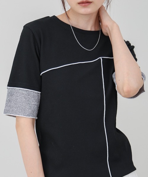 Bab(バブ)の「袖切り替えメローリブカットソー(Tシャツ/カットソー・レディース・イエロー/ベージュ/ブラック/オフホワイト・M)」の1枚目の写真