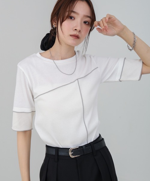 Bab(バブ)の「袖切り替えメローリブカットソー(Tシャツ/カットソー・レディース・イエロー/ベージュ/ブラック/オフホワイト・M)」の5枚目の写真