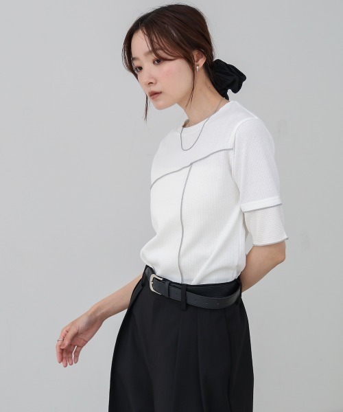 Bab(バブ)の「袖切り替えメローリブカットソー(Tシャツ/カットソー・レディース・イエロー/ベージュ/ブラック/オフホワイト・M)」の6枚目の写真