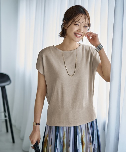 ニット セーター Tシャツみたいな微シアー麻調ニットトップス レディース Tシャツみたいな微シアー麻調ニットトップス（ニット/セーター