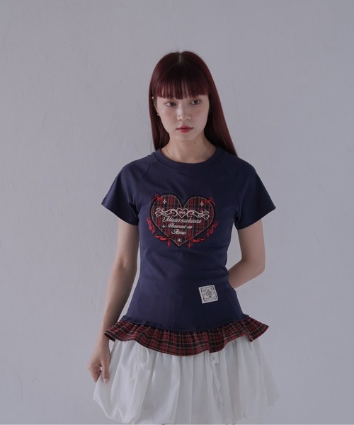 Uenui（ウニュイ）の「【 cunii 】 チェックハートフリルTシャツ（Tシャツ/カットソー・レディース・ネイビー/グレー・FREE）」の6枚目の写真